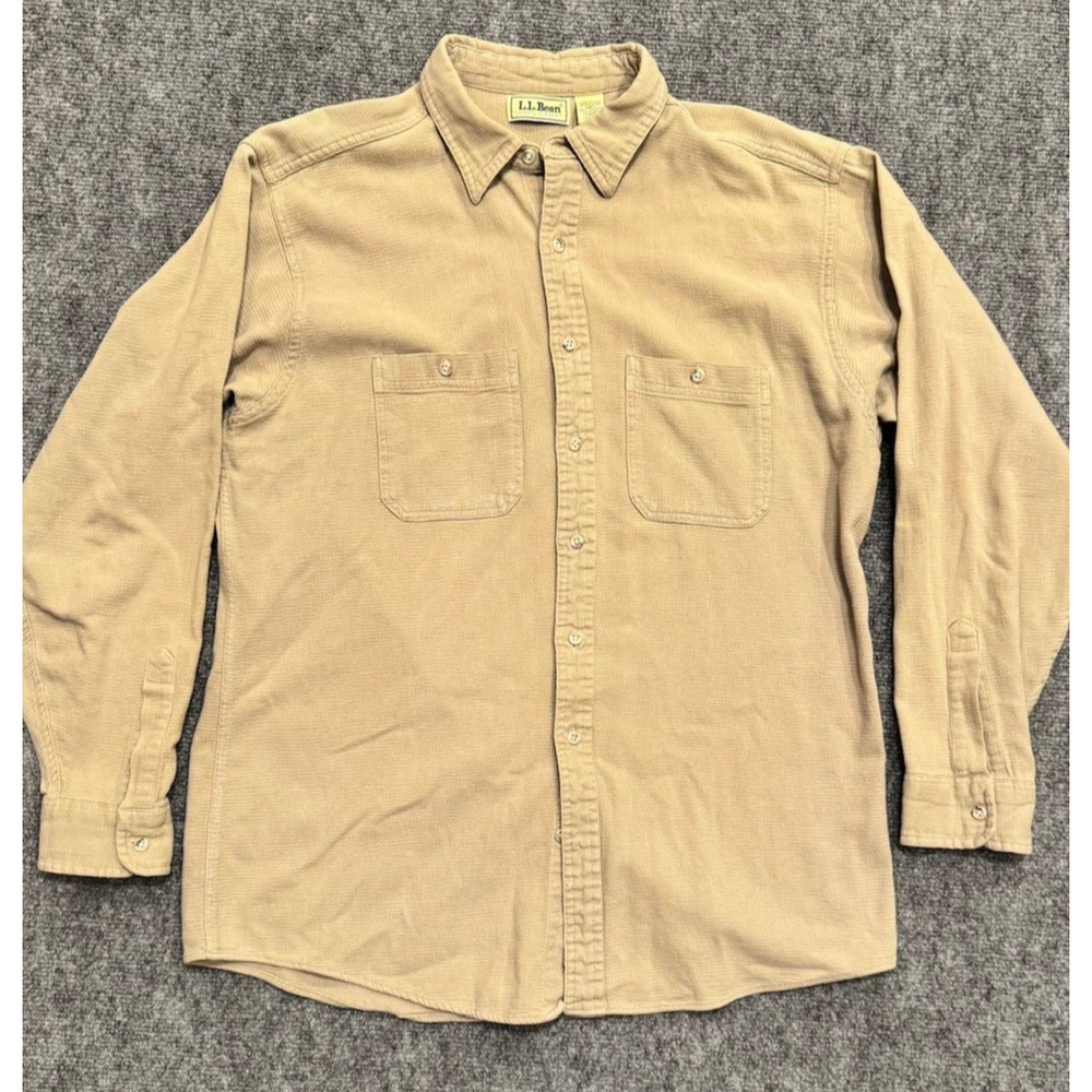 Vintage L.L. Bean Cool Weave Waffle Button Up Khaki Men's Large L386 Made in USA